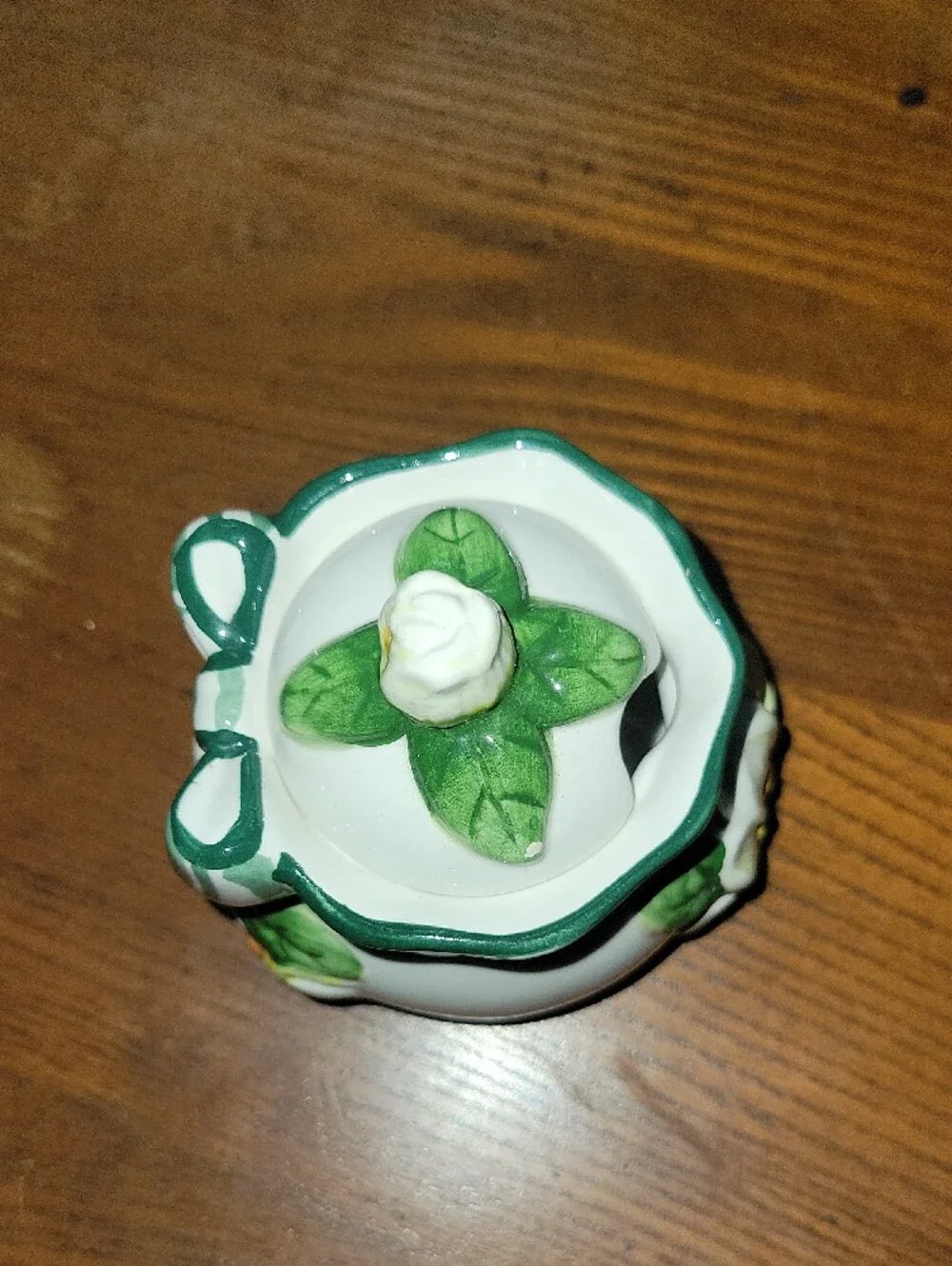 Young's Exclusive Sugar Or Jam Jar White Ceramic Floral  with Green Bow